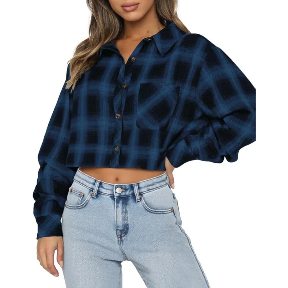 NEW Lacozy Women Cropped Flannel Shirt Size XL laid Button Down Sleeve Blouse